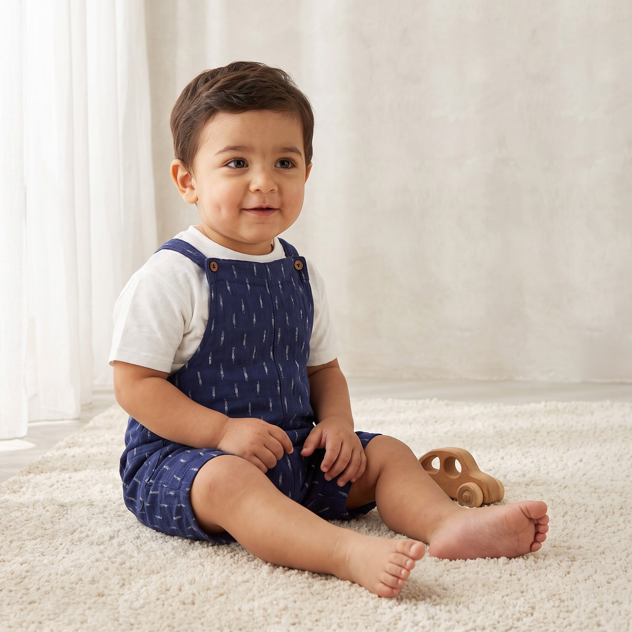 Giggles Crew Neck Short Sleeves T-shirt and Dungaree Set with Button Closure - Blue / 12-18 mths