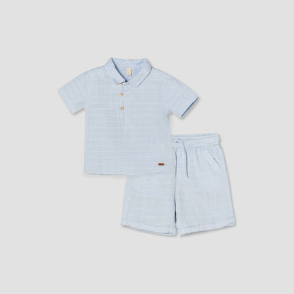 Giggles Collared Short Sleeves T-shirt and Shorts Set with Striped Design
