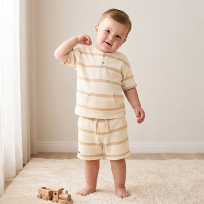 Giggles Henley Neck Short Sleeves T-shirt and Shorts Set with Stripes - Beige / 12-18 mths