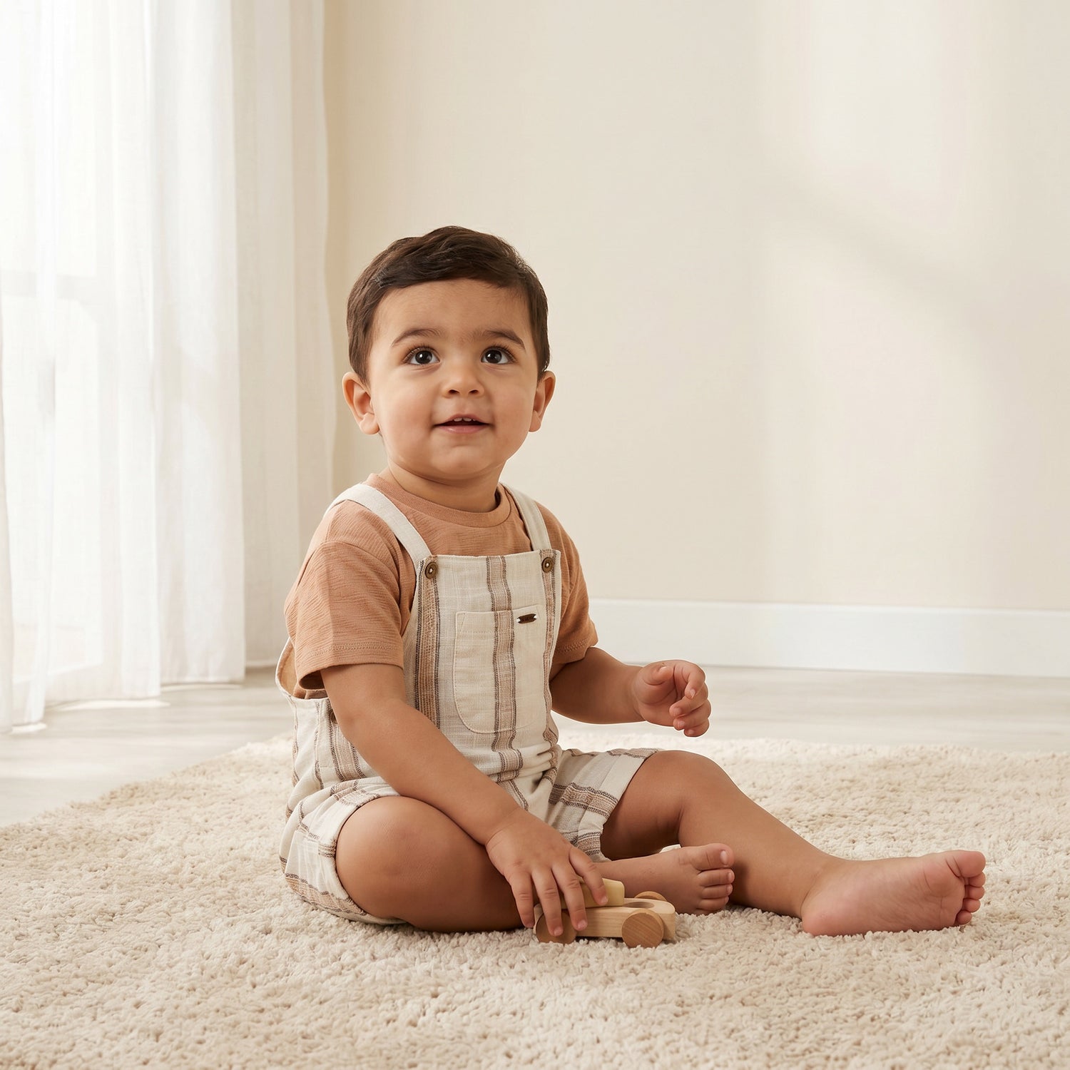 Giggles Crew Neck Short Sleeves T-shirt and Dungarees Set with Stripes - Brown / 18-24 mths