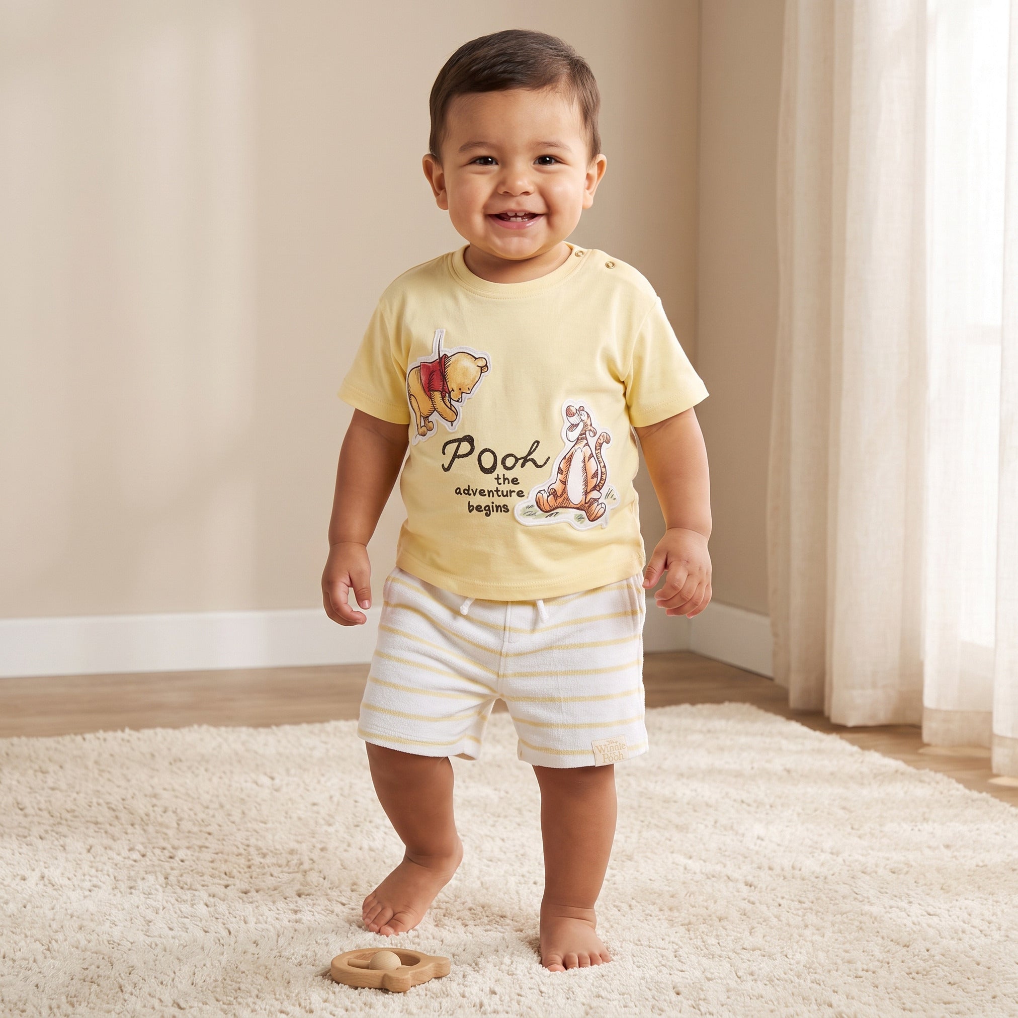Disney Crew Neck Short Sleeves T-shirt and Shorts Set with Winnie The Pooh Applique - Yellow / 24-36 mths