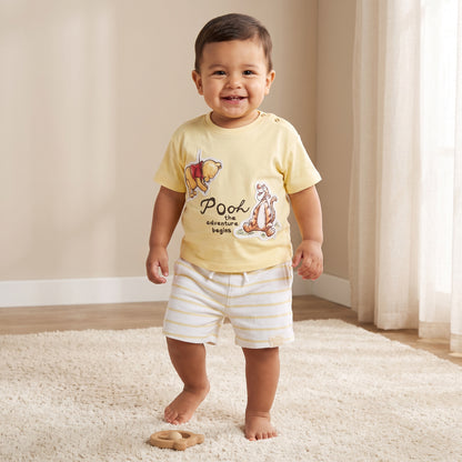 Disney Crew Neck Short Sleeves T-shirt and Shorts Set with Winnie The Pooh Applique - Yellow / 24-36 mths