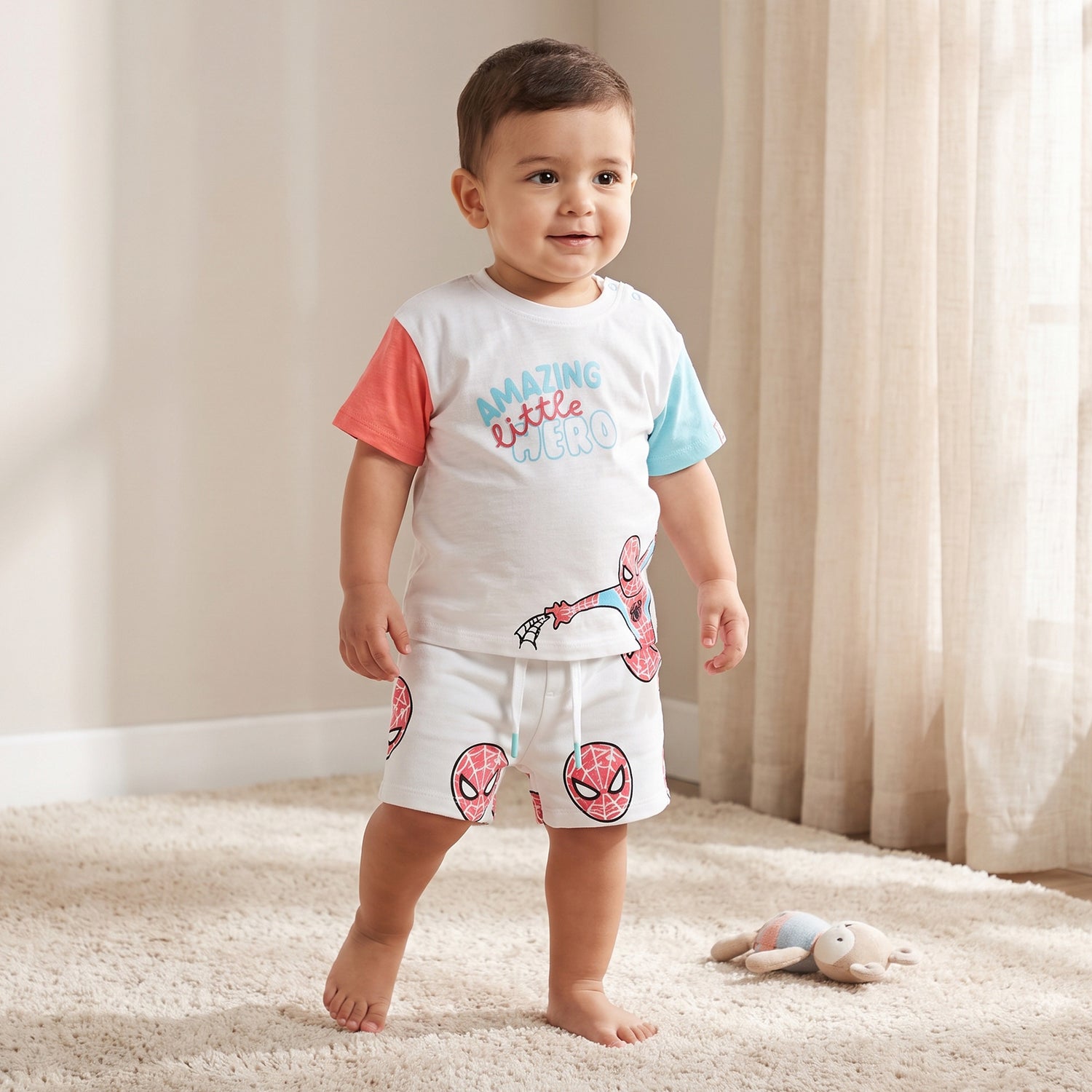 Crew Neck Short Sleeves T-shirt and Shorts Set with Spider-Man Print - White / 12-18 mths