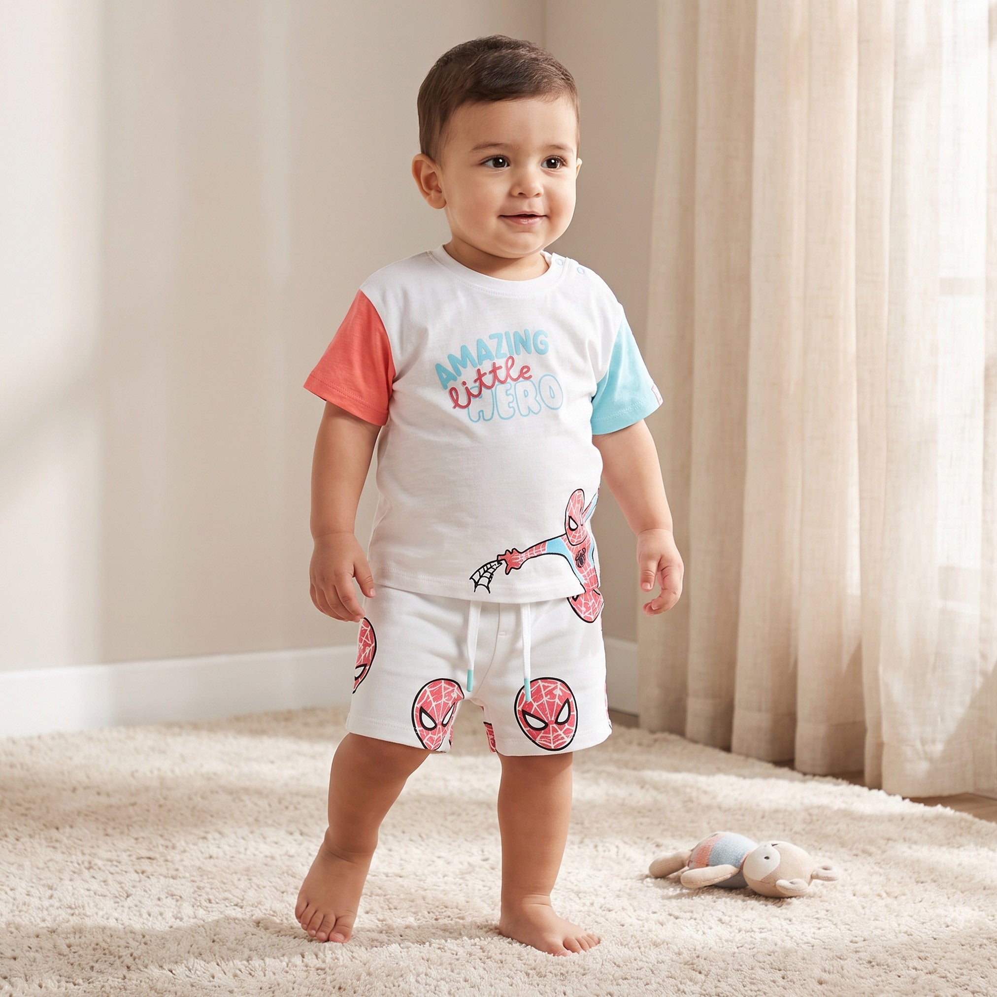 Crew Neck Short Sleeves T-shirt and Shorts Set with Spider-Man Print - White / 12-18 mths