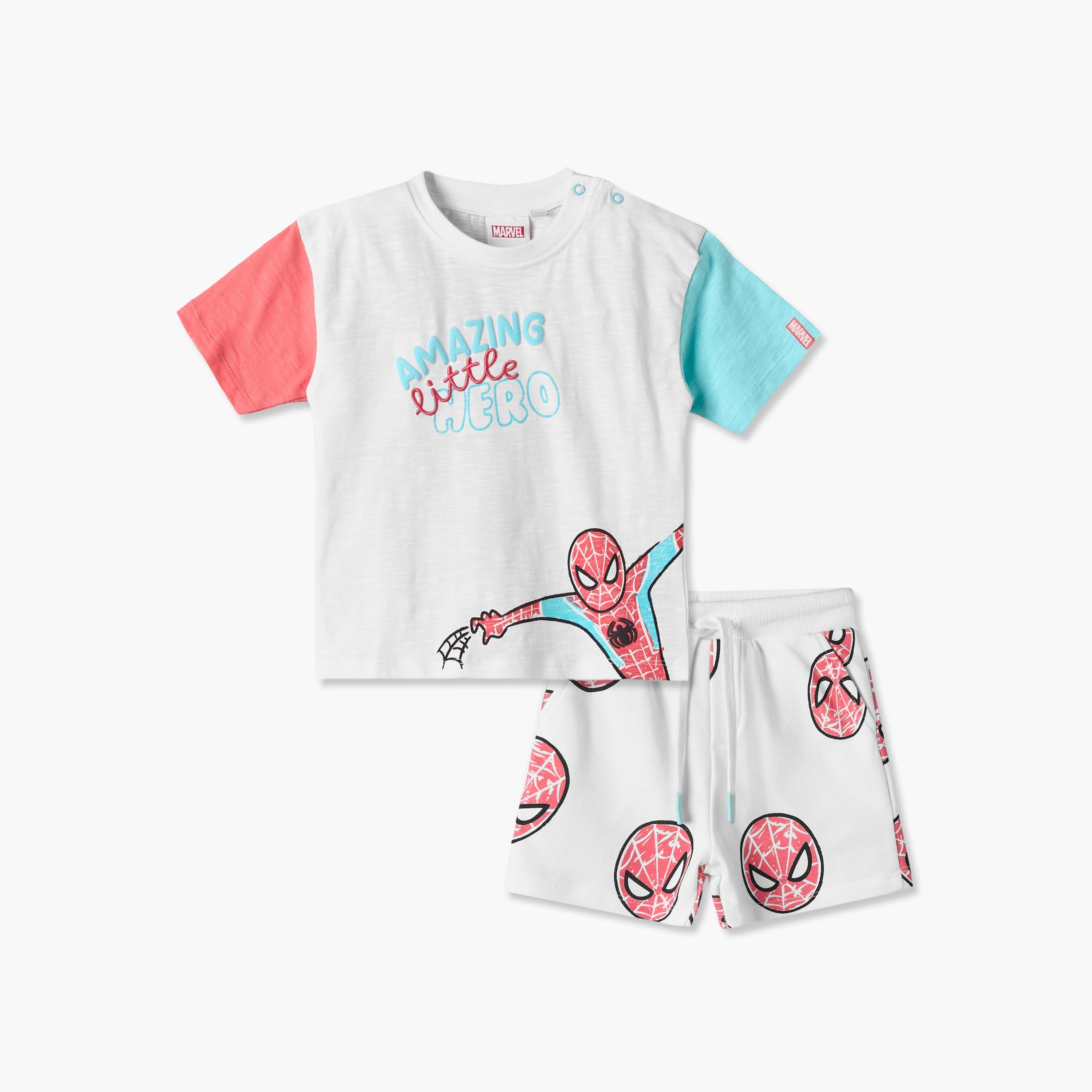 Crew Neck Short Sleeves T-shirt and Shorts Set with Spider-Man Print