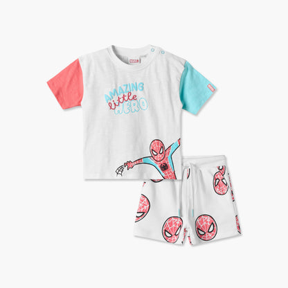 Crew Neck Short Sleeves T-shirt and Shorts Set with Spider-Man Print