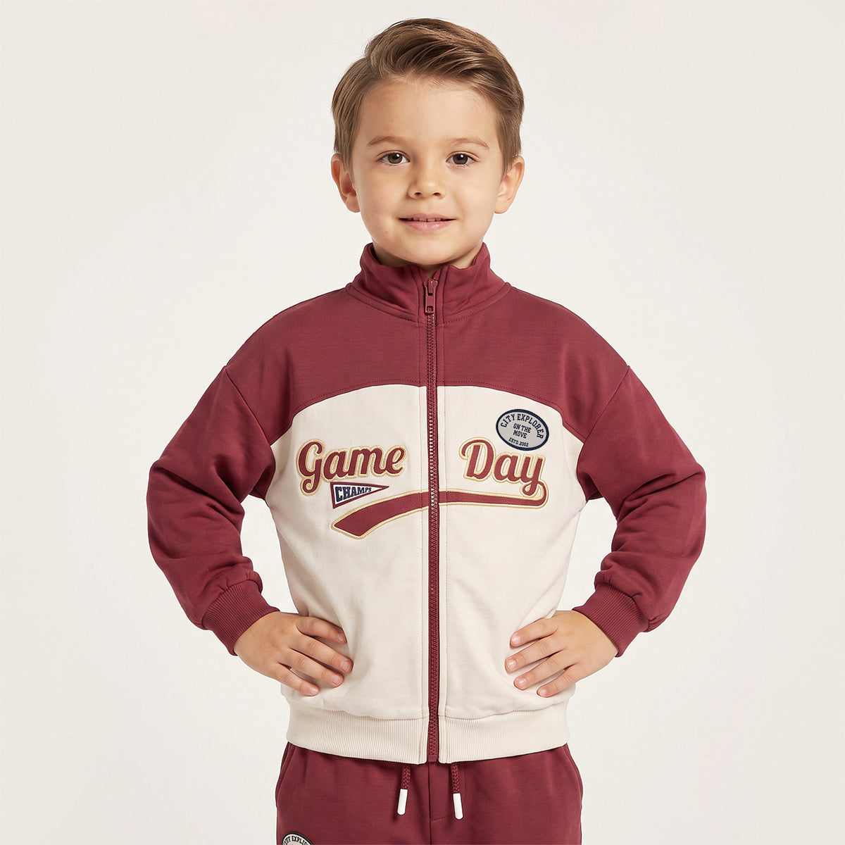 Juniors High Neck Long Sleeves Jacket and Joggers Set with Varsity Embroidery