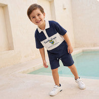 Juniors Collared Short Sleeves T-shirt and Shorts Set with Varsity Print-undefined-image-1