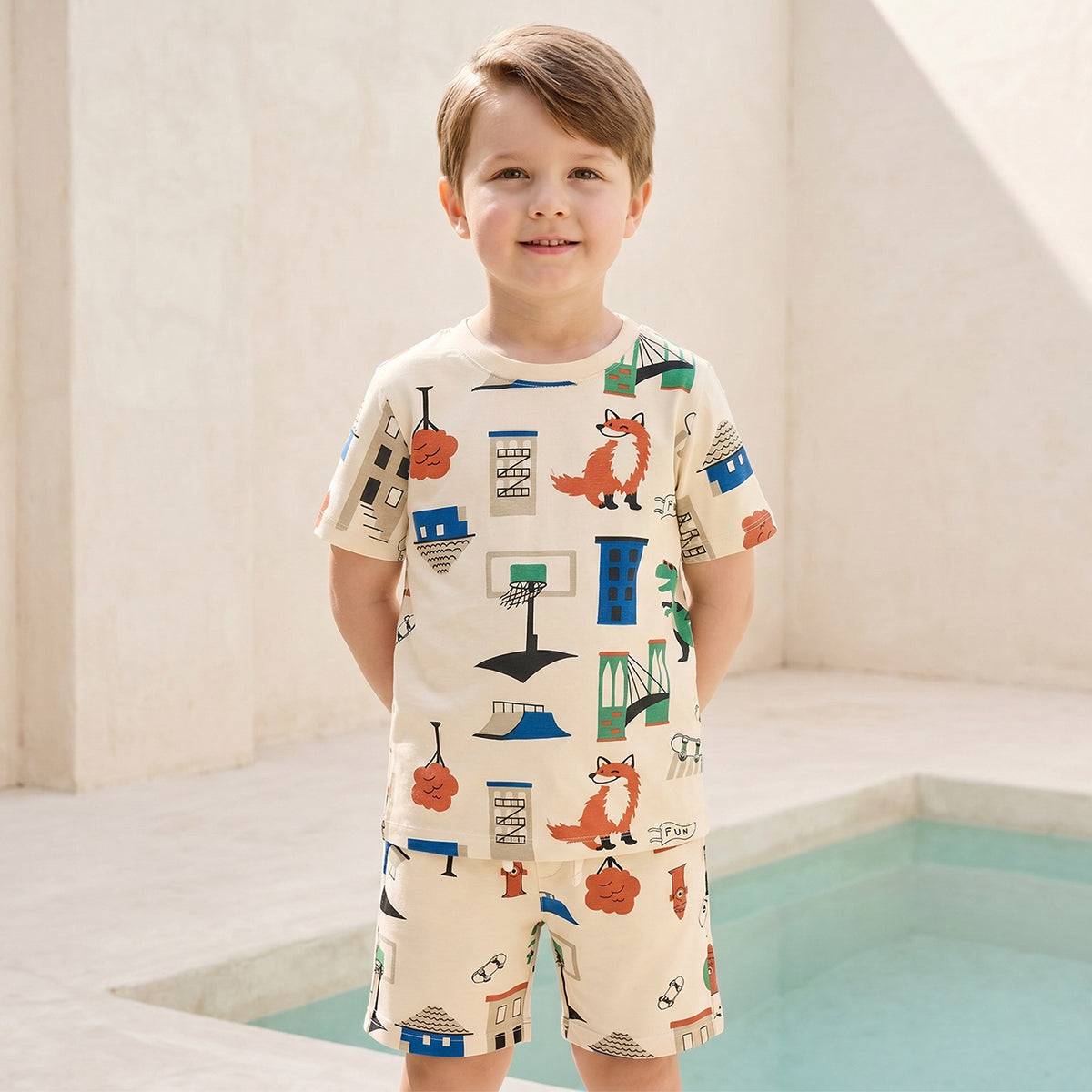 Juniors Crew Neck Short Sleeves T-shirt and Shorts Set with Fox Print