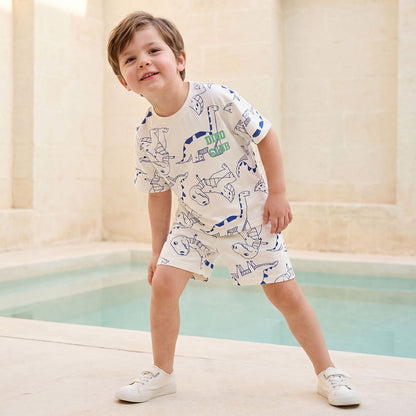 Juniors Crew Neck Short Sleeves T-shirt and Shorts Set with Dinosaur Print - White / 6-7 yrs