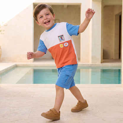Juniors Crew Neck Short Sleeves T-shirt and Cargo Shorts Set with Colourblock Design - Blue / 1-2 yrs