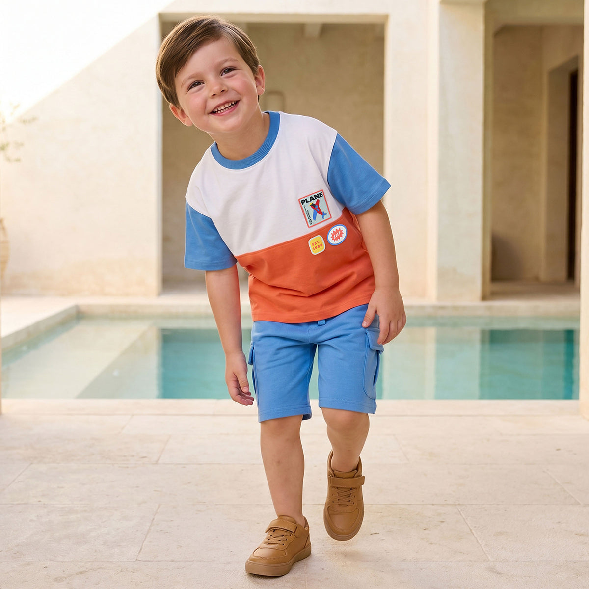 Juniors Crew Neck Short Sleeves T-shirt and Cargo Shorts Set with Colourblock Design
