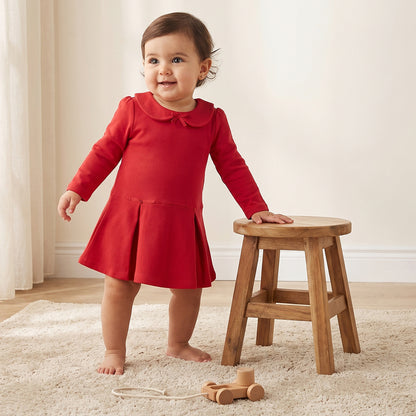 Juniors Peter Pan Collar Long Sleeves Knee Length Dress with Pleated Detail