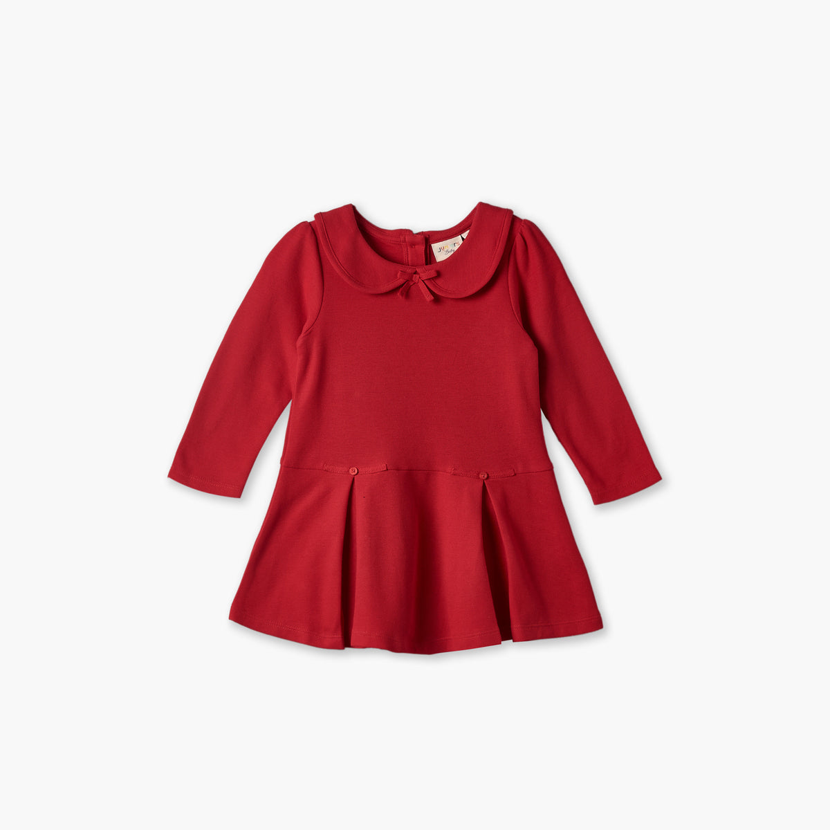 Juniors Peter Pan Collar Long Sleeves Knee Length Dress with Pleated Detail
