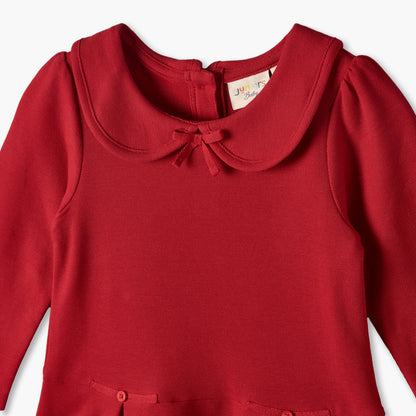 Juniors Peter Pan Collar Long Sleeves Knee Length Dress with Pleated Detail