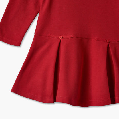 Juniors Peter Pan Collar Long Sleeves Knee Length Dress with Pleated Detail