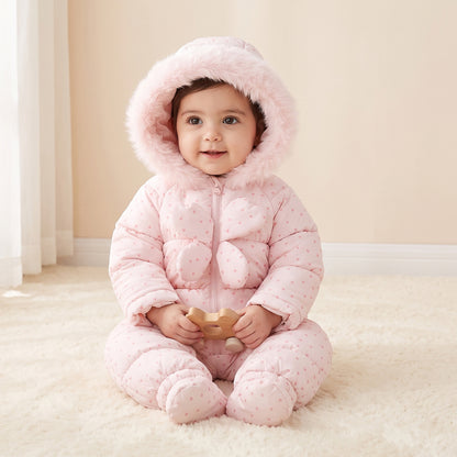 Juniors Hooded Long Sleeves Coverall with Heart Print - Pink / 24-36 mths