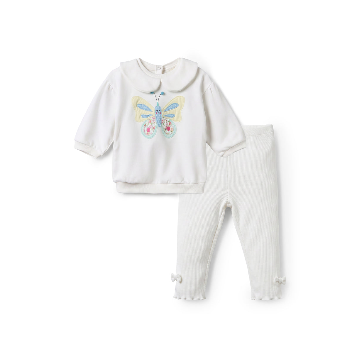 Juniors Peter Pan Collar Long Sleeves Sweatshirt and Pants Set with Butterfly Applique