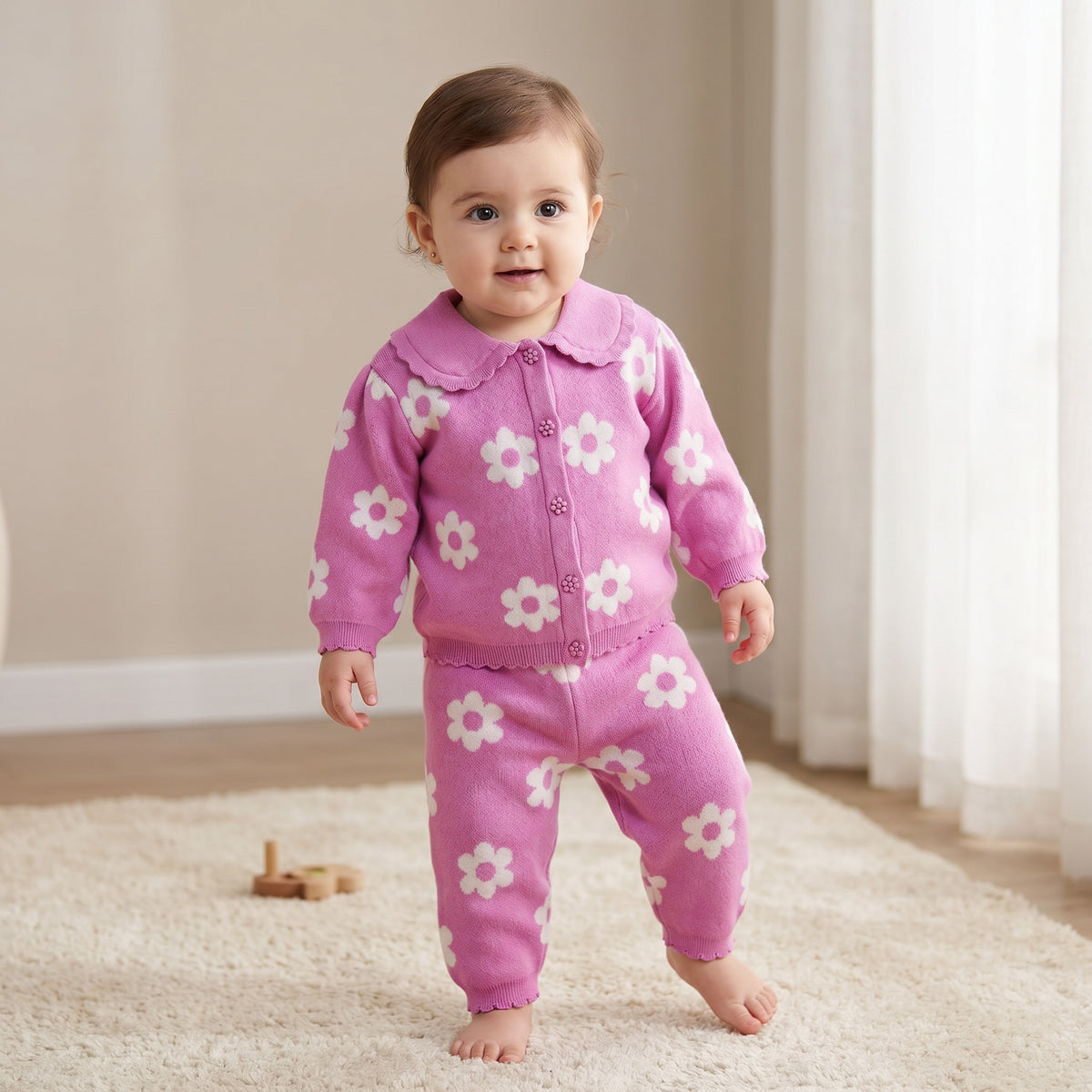Juniors Peter Pan Collar Long Sleeves Cardigan and Pants Set with Floral Print