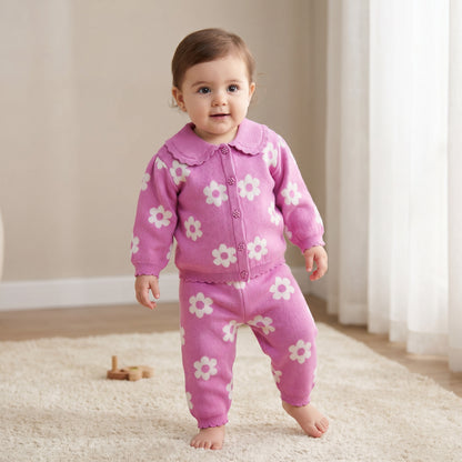 Juniors Peter Pan Collar Long Sleeves Cardigan and Pants Set with Floral Print