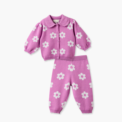 Juniors Peter Pan Collar Long Sleeves Cardigan and Pants Set with Floral Print
