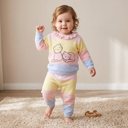Juniors Ruffle Collared Long Sleeves Sweater and Joggers Set with Cat Print