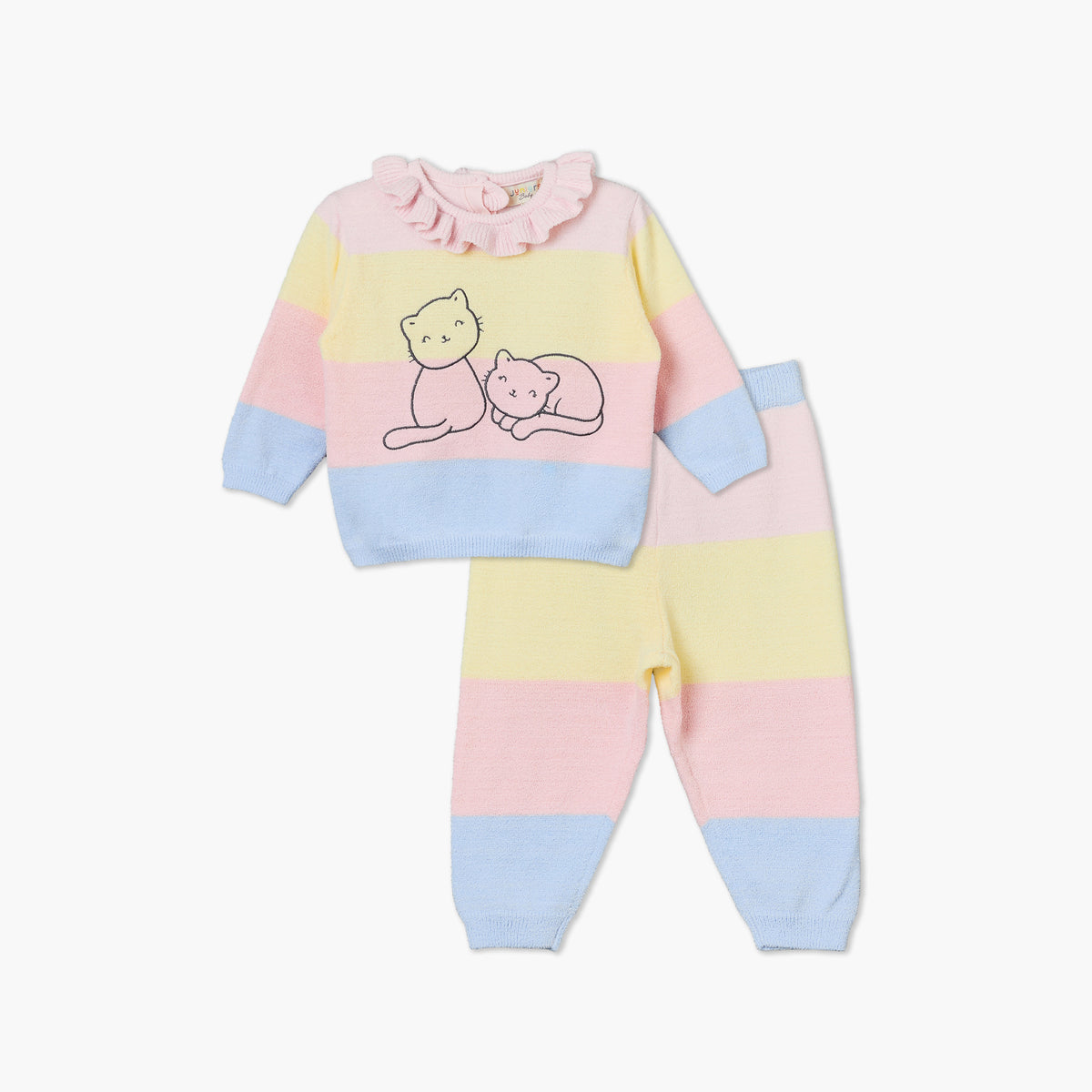 Juniors Ruffle Collared Long Sleeves Sweater and Joggers Set with Cat Print