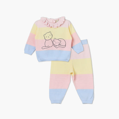 Juniors Ruffle Collared Long Sleeves Sweater and Joggers Set with Cat Print