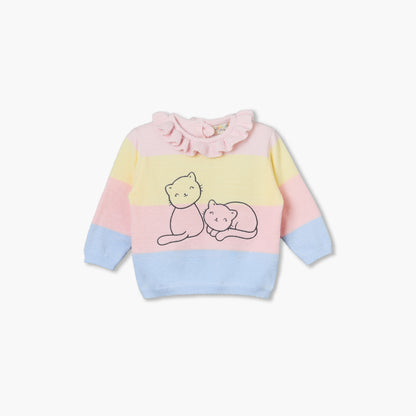 Juniors Ruffle Collared Long Sleeves Sweater and Joggers Set with Cat Print