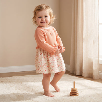 Juniors Round Neck Long Sleeves Knee Length A-line Dress with Floral Print