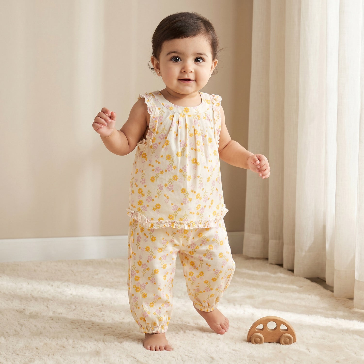 Juniors Round Neck Sleeveless Top and Pants Set with Floral Print - Yellow / 12-18 mths