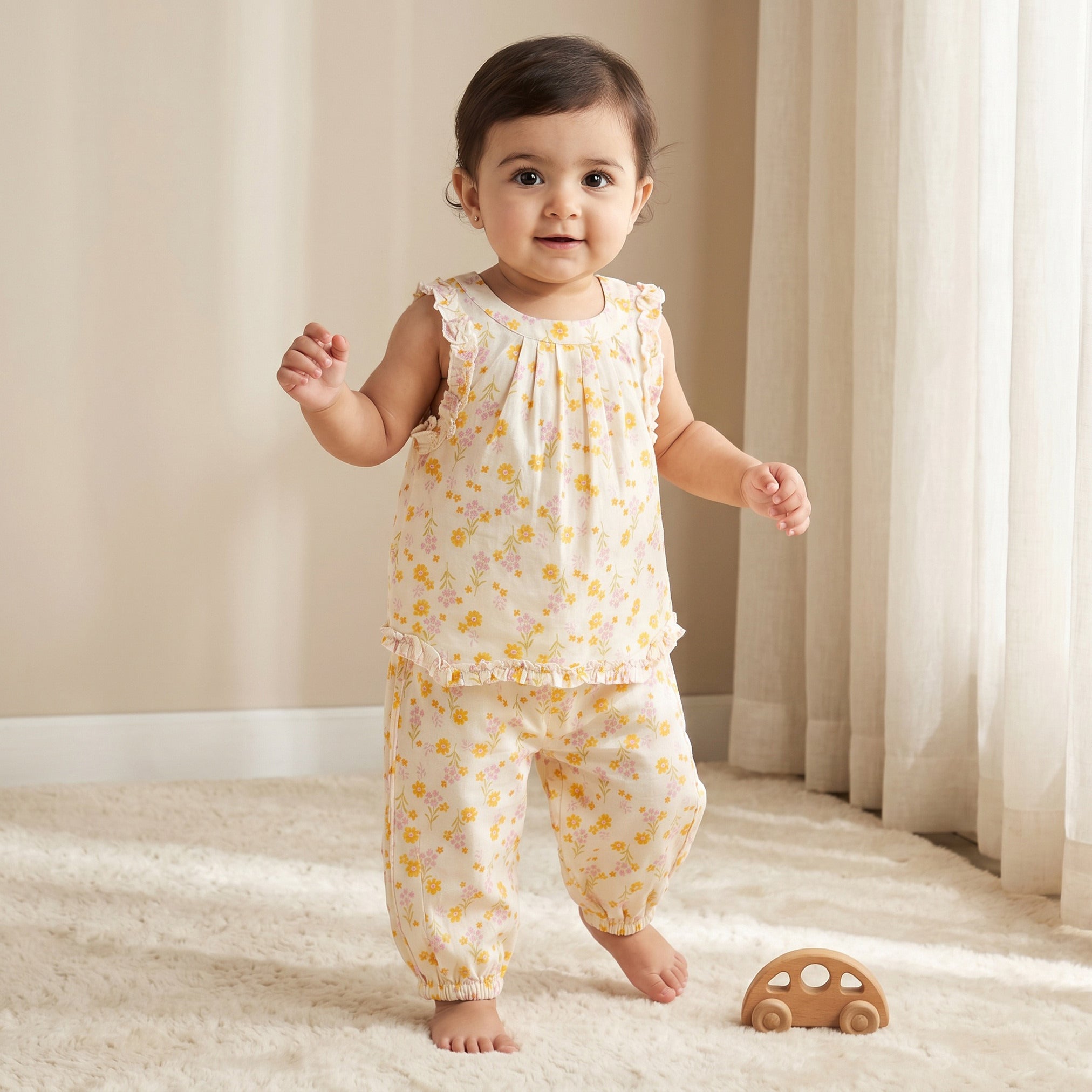 Juniors Round Neck Sleeveless Top and Pants Set with Floral Print - Yellow / 12-18 mths