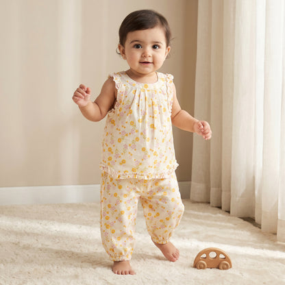 Juniors Round Neck Sleeveless Top and Pants Set with Floral Print - Yellow / 12-18 mths