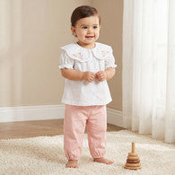 Juniors Collared Short Sleeves Top and Pants Set with Floral Embroidery-undefined-image-1
