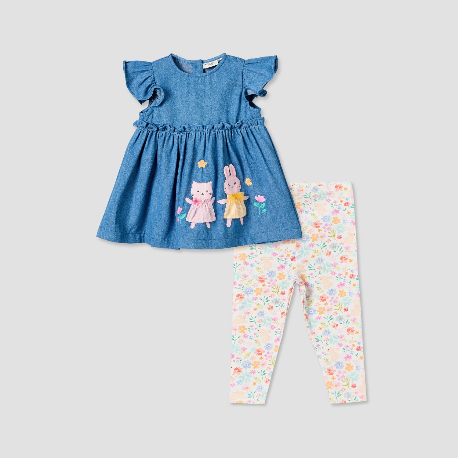 Juniors Round Neck Short Sleeves Denim Dress and Leggings Set with Bunny Applique - Blue / 18-24 mths