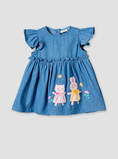 Juniors Round Neck Short Sleeves Denim Dress and Leggings Set with Bunny Applique-baby-girls-clothing-setsandcoords-image-2