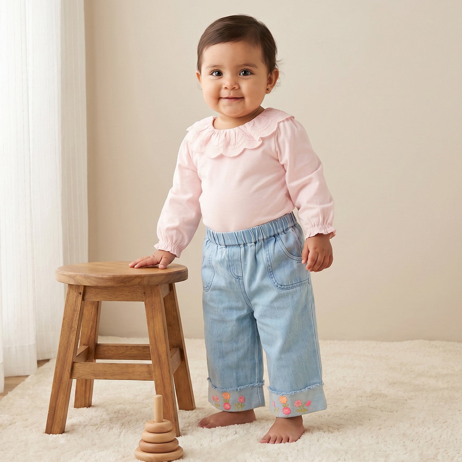 Juniors Round Neck Long Sleeves Top and Jeans Set with Embroidery - White / 12-18 mths