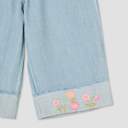 Juniors Round Neck Long Sleeves Top and Jeans Set with Embroidery