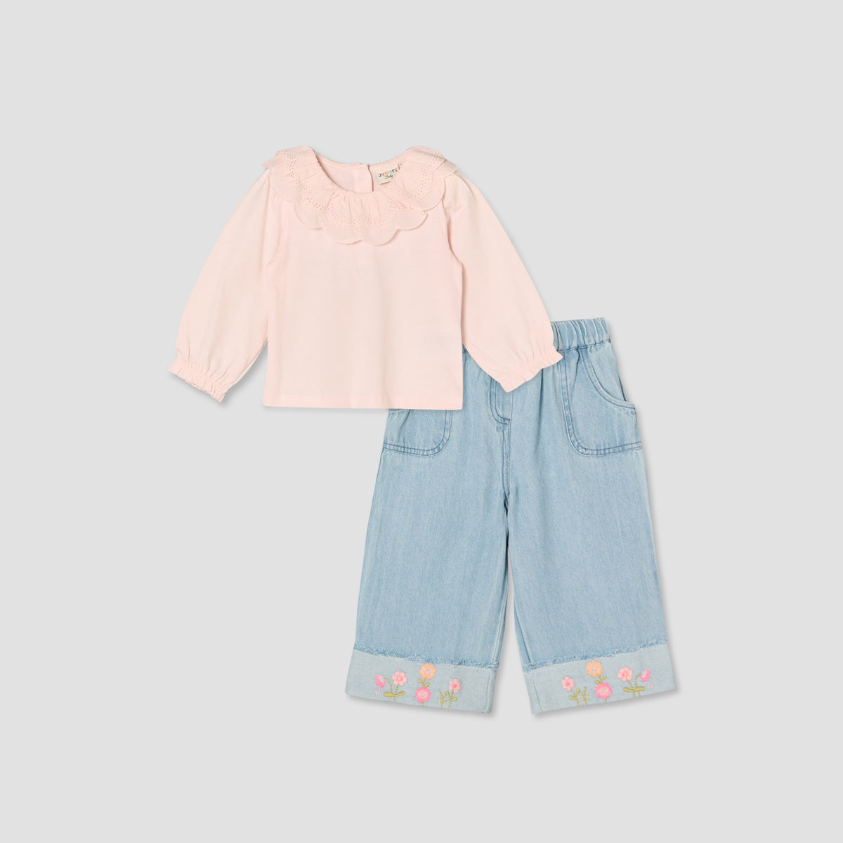 Juniors Round Neck Long Sleeves Top and Jeans Set with Embroidery