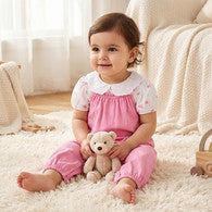 Juniors Peter Pan Collar Short Sleeves Top and Dungaree Set with Heart Pockets-undefined-image-1
