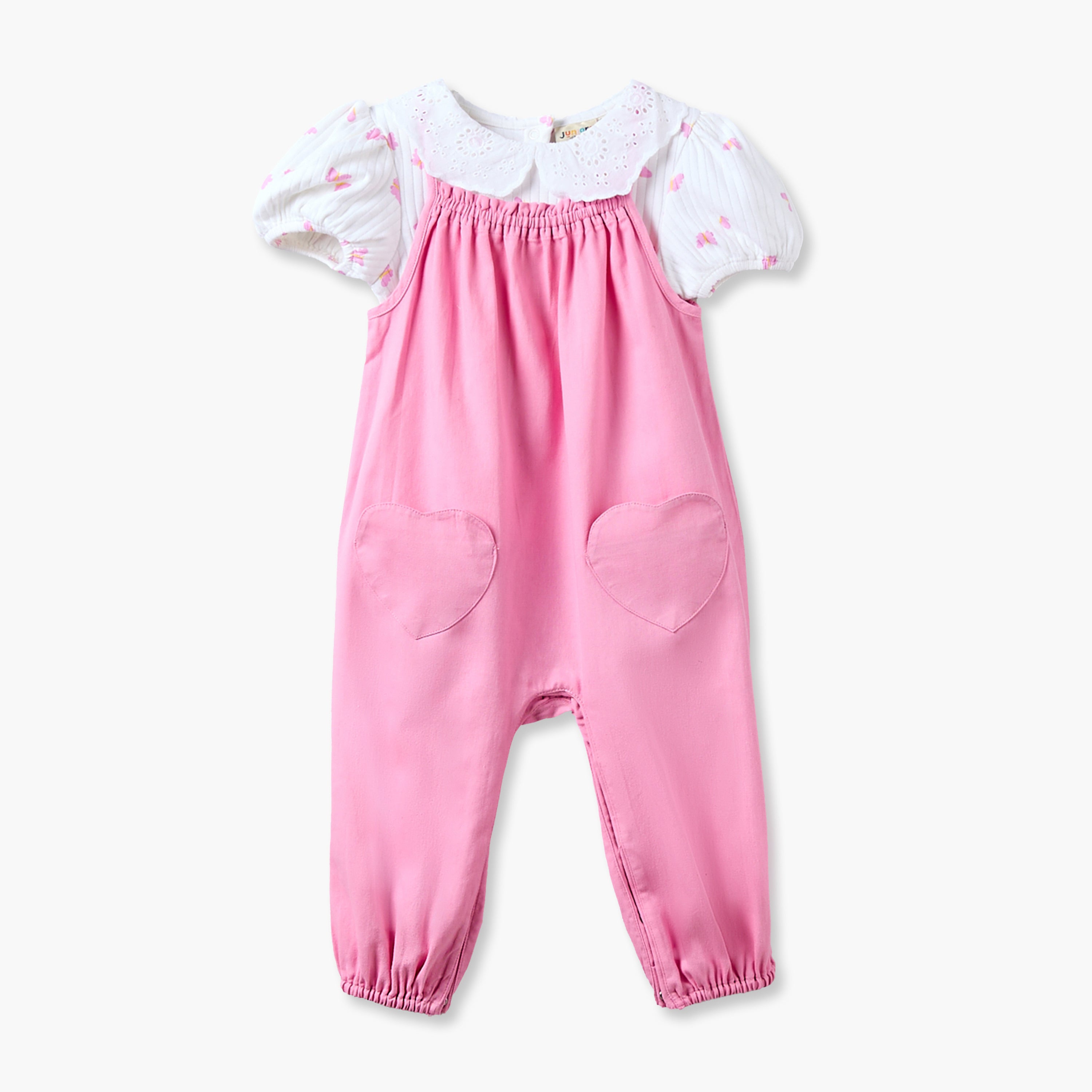 Juniors Peter Pan Collar Short Sleeves Top and Dungaree Set with Heart Pockets