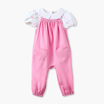 Juniors Peter Pan Collar Short Sleeves Top and Dungaree Set with Heart Pockets