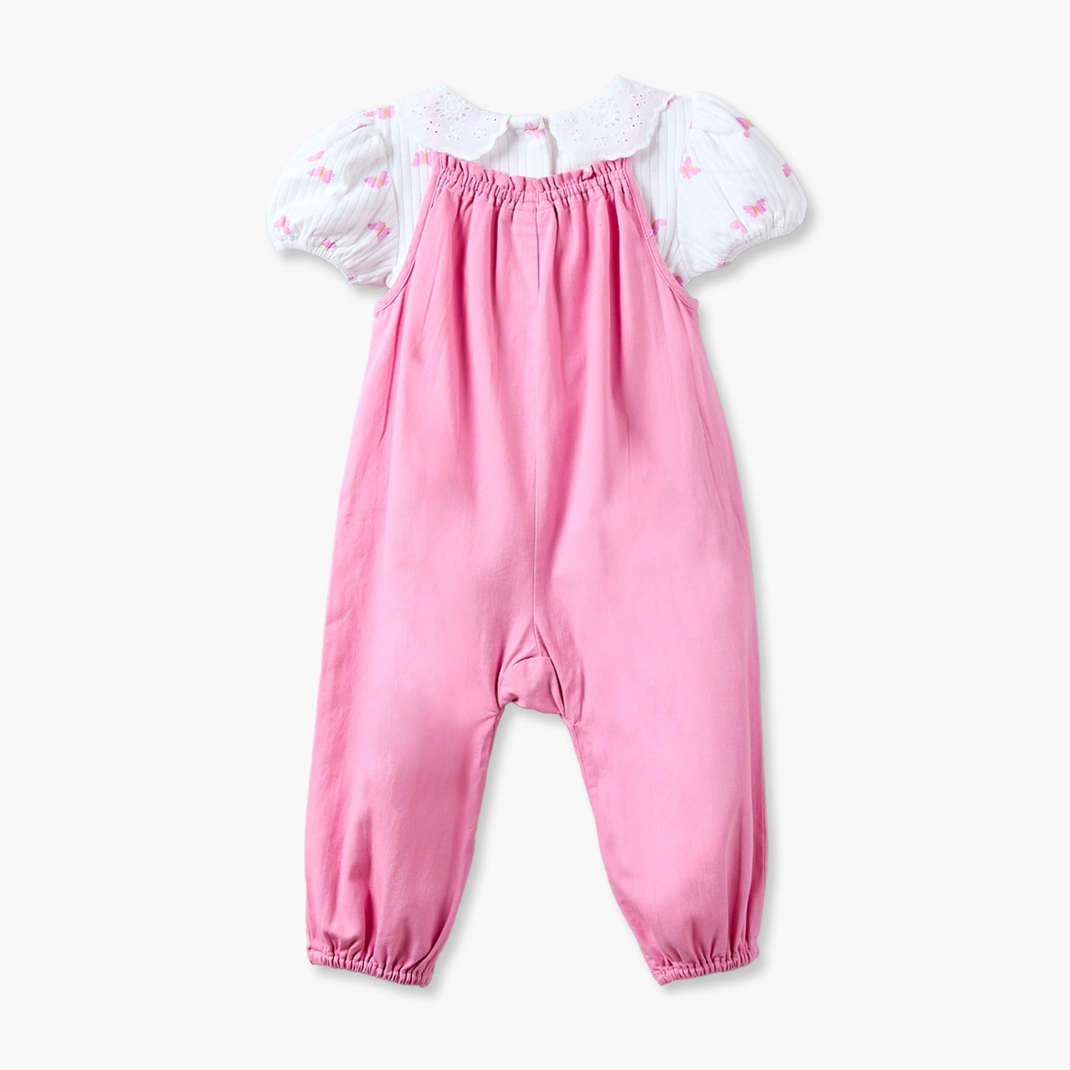 Juniors Peter Pan Collar Short Sleeves Top and Dungaree Set with Heart Pockets