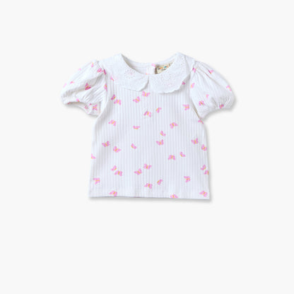 Juniors Peter Pan Collar Short Sleeves Top and Dungaree Set with Heart Pockets