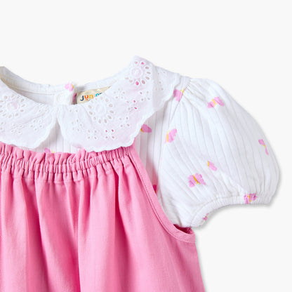 Juniors Peter Pan Collar Short Sleeves Top and Dungaree Set with Heart Pockets