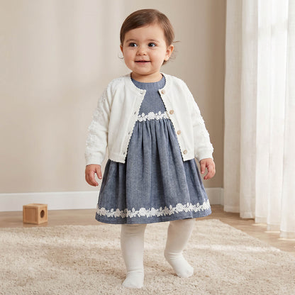 Set of 3 Giggles Round Neck Short Sleeves Knee Length Dress with Shrug and Tights - Multicolour / 18-24 mths