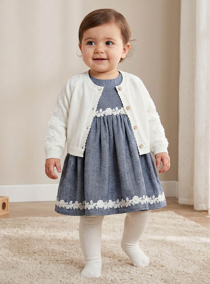Set of 3 Giggles Round Neck Short Sleeves Knee Length Dress with Shrug and Tights-baby-girls-clothing-dressesandjumpsuits-image-1