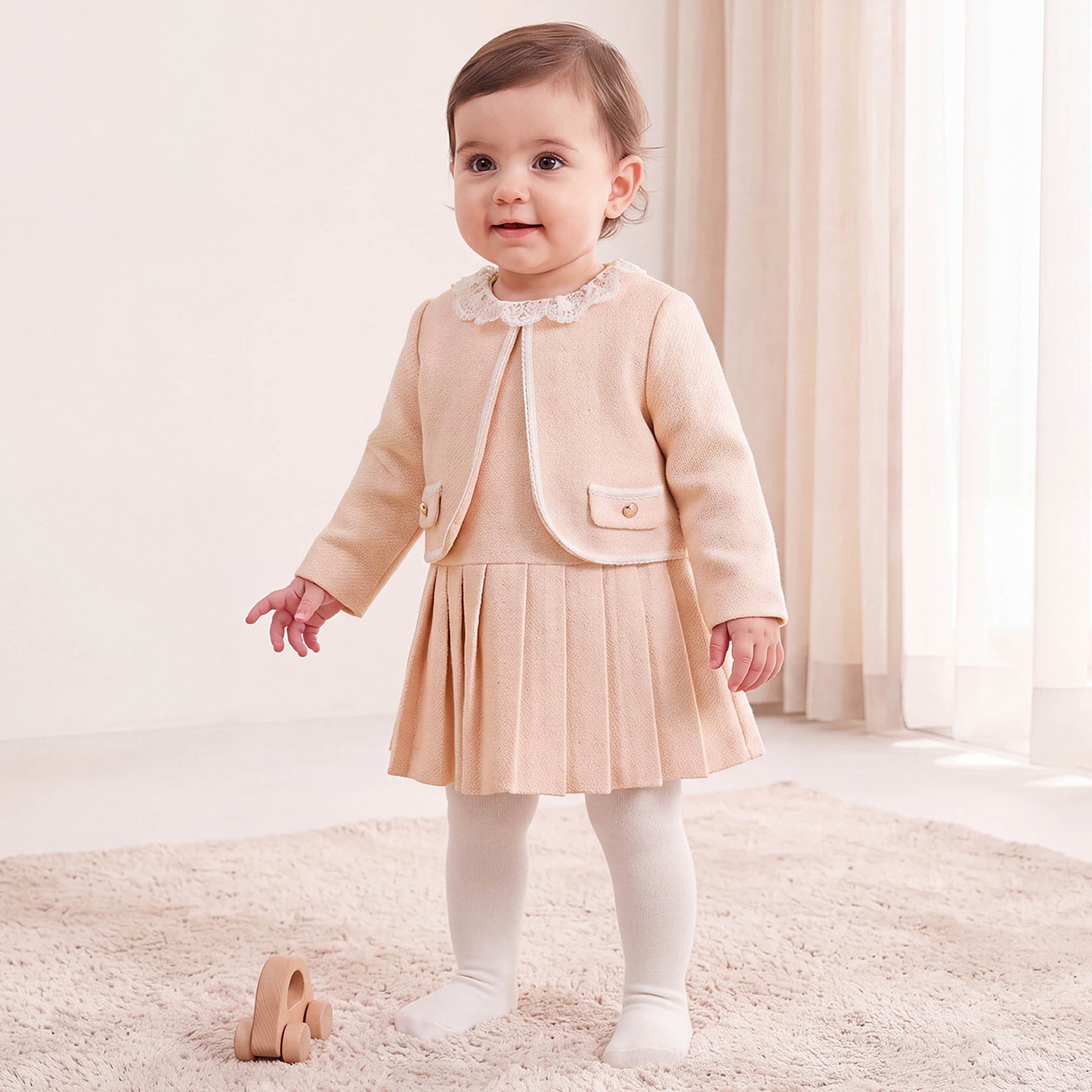 Set of 3 Giggles Round Neck Short Sleeves Knee Length Dress with Jacket and Tights - Pink / 24-36 mths