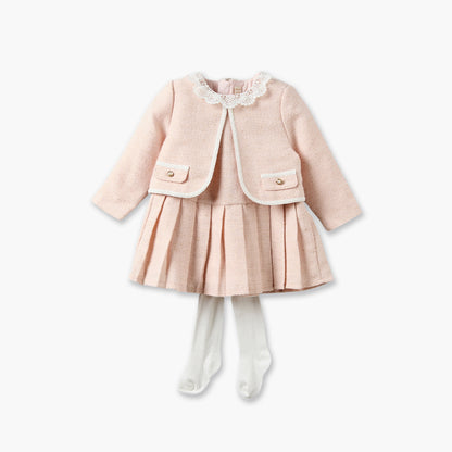 Set of 3 Giggles Round Neck Short Sleeves Knee Length Dress with Jacket and Tights