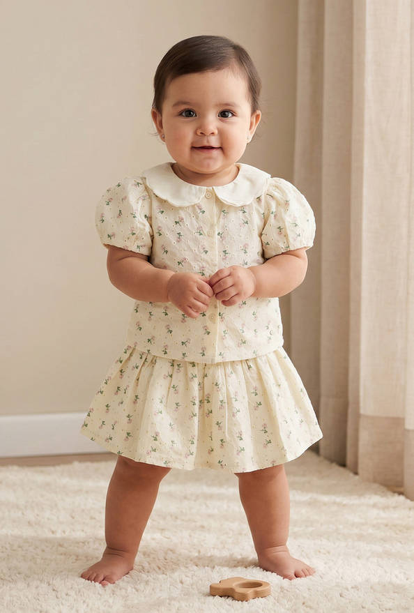 Giggles Collared Short Sleeves Shirt and Skirt Set with Floral Print